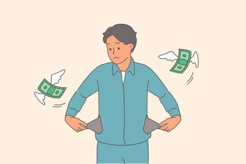 Poor man is sad because of empty pockets and lack of money for purchases, as Stock Illustration