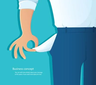 Poor man showing his empty pockets on blue background Illustrazione stock