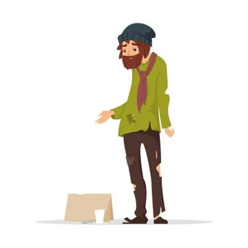 Poor man in torn clothes begging money. Stock Illustration