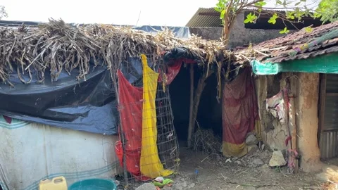 Poor Man’s Hut Made of Grass Roof and Plastic Sheets in Rainy Weather Stockbeeldmateriaal 321010509