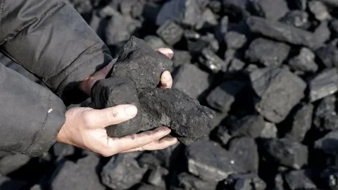 Poor middle-aged man holding the hands of stone coal for sale to provide food Stock Footage 163977925