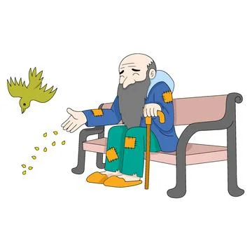 The poor old man was sitting in the garden feeding the birds Stock Illustration