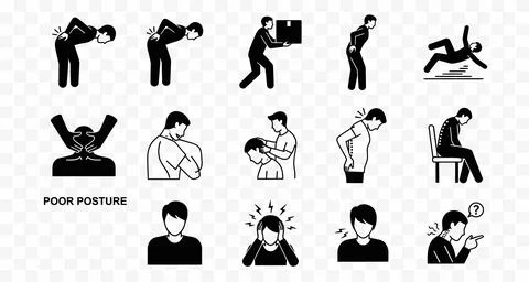 Poor posture illustrations show people experiencing back pain and discomfort Illustrazione stock