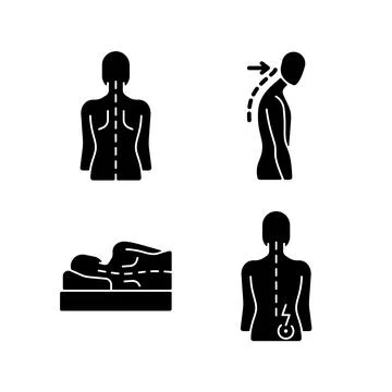 Poor posture problems black glyph icons set on white space 스톡 일러스트