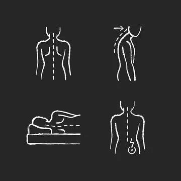 Poor posture problems chalk white icons set on black background Stock Illustration