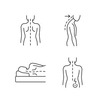 Poor posture problems linear icons set 스톡 일러스트