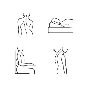 Poor posture problems linear icons set 스톡 일러스트