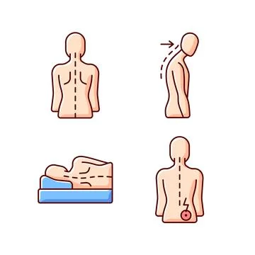 Poor posture problems RGB color icons set 스톡 일러스트