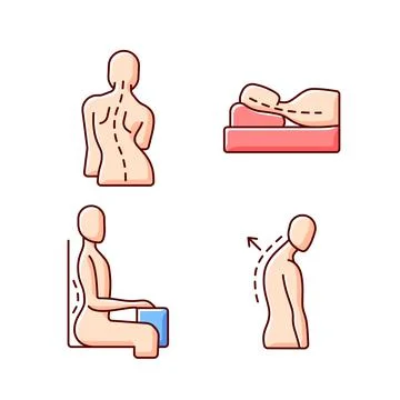 Poor posture problems RGB color icons set Stock Illustration