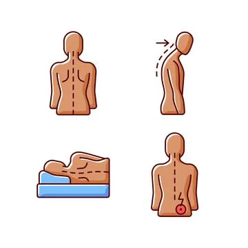 Poor posture problems RGB color icons set 스톡 일러스트