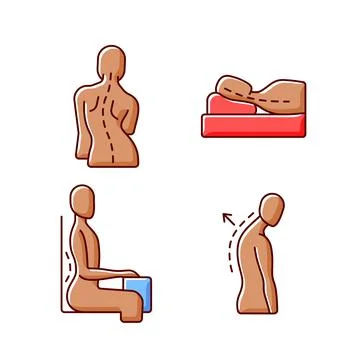 Poor posture problems RGB color icons set Stock Illustration