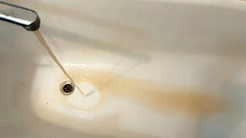 Poor quality water flows from the tap. Rusty water in the water supply. Stock Photos