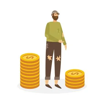 Poor sad man in torn clothes next to stacks of gold coins a vector illustration. 스톡 일러스트