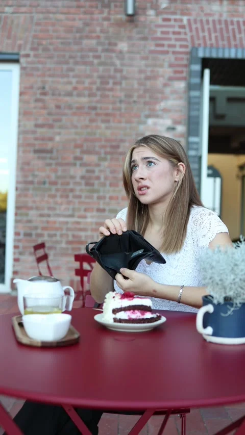Poor student asks waiter to let her leave cafe without paying the bill Stock Footage 344448386