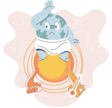 Poorly globe sits on hot sun with thermometer. Cartoon earth global warming Stock Illustration