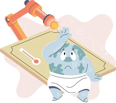 Poorly globe sits under hot sun with thermometer. Global warming concept. Planet Stock Illustration