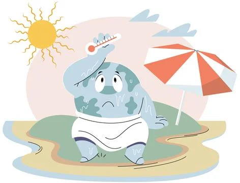 Poorly globe sits under hot sun with thermometer. Environmental problem due to Stock Illustration
