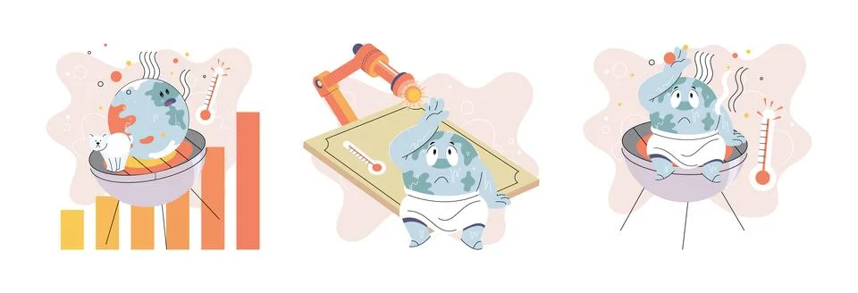 Poorly globe sitting under hot sun with thermometer. Cartoon earth planet global Stock Illustration