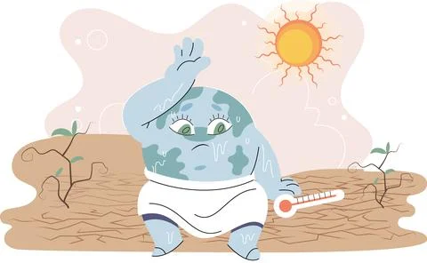 Poorly globe sitting under hot sun with thermometer. Cartoon earth planet global Stock Illustration