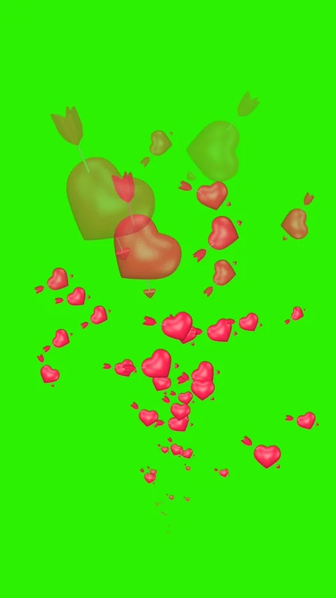 Pop-up 3D red hearts with arrow on green screen. Vertical video. Stock Footage 302977355