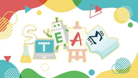 A pop and bright title design representing STEAM education. Representing Sc.. Stock Illustration