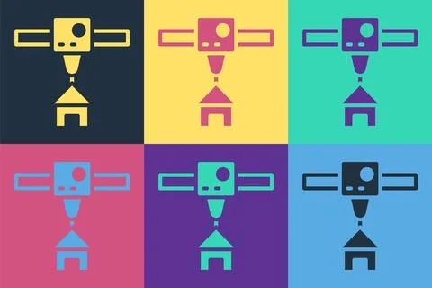 Pop art 3D printer house icon isolated on color background. 3d printing. Vector 스톡 일러스트