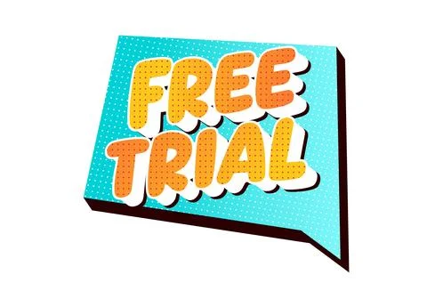 Pop art 3d speech bubble sign with bold orange and white text free trial on.. Illustrazione stock