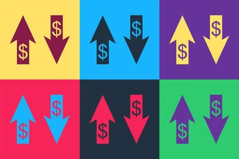 Pop art Up and Down arrows with dollar symbol icon isolated on color background Stock Illustration