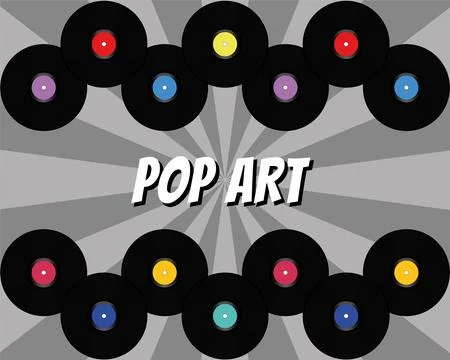 Pop art background with rays and vinyl disks. Vintage poster of vinyl player Stock Illustration