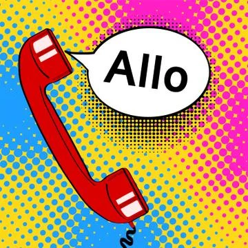 Pop art background red old phone handset and speech bubble with word Allo. Ve Stock Illustration