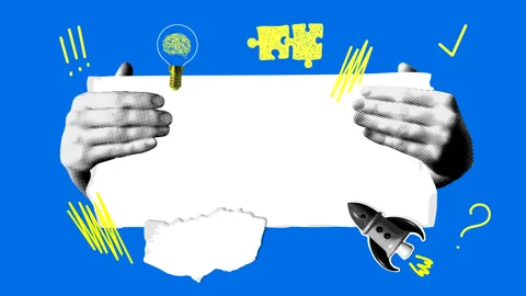 Pop art banner with halftone hands holding sheet of paper. Animated collage Stock Footage 331216567