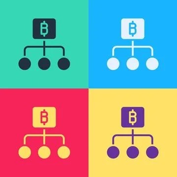 Pop art Blockchain technology Bitcoin icon isolated on color background Stock Illustration
