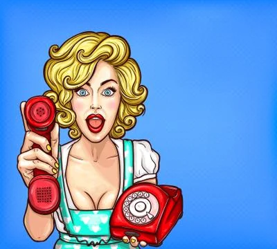 Pop art blonde girl with a retro phone surprised by a good phone customer Stock Illustration