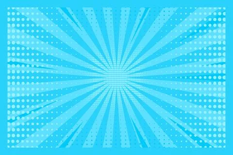 Pop art blue comic background with sun rays and dots. Retro style Stockillustratie