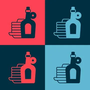 Pop art Bottle of maple syrup with stack of pancakes icon isolated on color.. Illustrazione stock