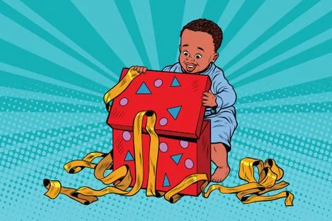 Pop art boy opens the gift box Stock Illustration