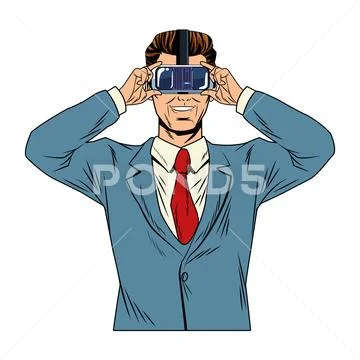 Pop art businessman with VR cartoon Stock Illustration