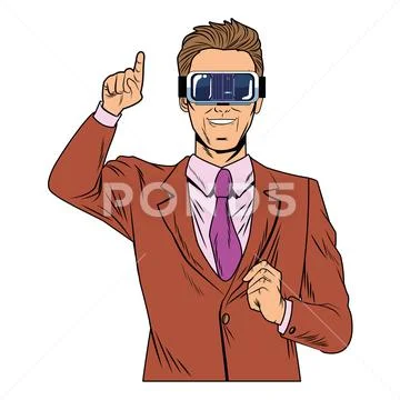 Pop art businessman with VR cartoon Stock Illustration