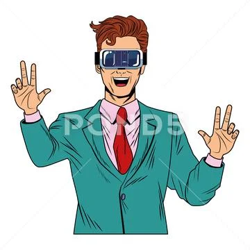 Pop art businessman with VR cartoon Stock Illustration