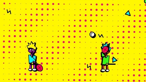 Pop Art Cartoon Characters Playing Tennis On Yellow Halftone Background Stock Footage 341175440
