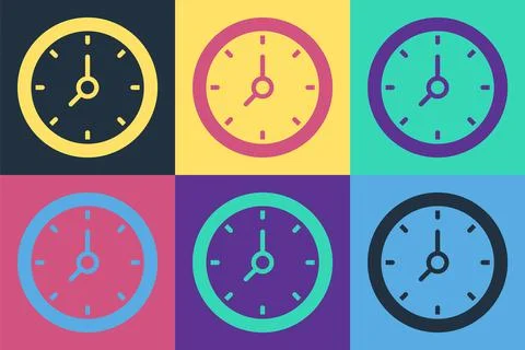 Pop art Clock icon isolated on color background. Time symbol. Vector Stock Illustration
