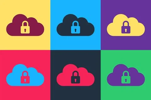 Pop art Cloud computing lock icon isolated on color background. Security, safety Stock Illustration