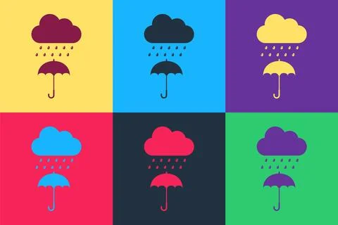 Pop art Cloud with rain drop on umbrella icon isolated on color background イラスト素材