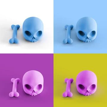 Pop art collage of 3D rendered skull with a bone isolated on colorful background イラスト素材
