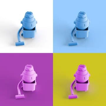 Pop art collage of 3D rendered vacuum cleaner isolated on colorful backgrounds Stock Illustration