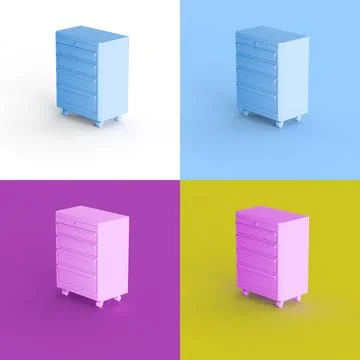 Pop art collage of 3D rendered drawer isolated on colorful backgrounds Stock Illustration