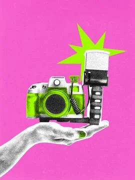 Pop art collage. Retro camera with flash balanced on hand in vibrant photocopy Stock Photos