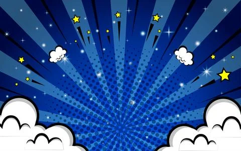 Pop art comic background with clouds and stars. Cartoon Vector Illustration Illustrazione stock