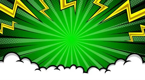 Pop art comic background with clouds and lightning. Cartoon Vector Illustrati Illustrazione stock