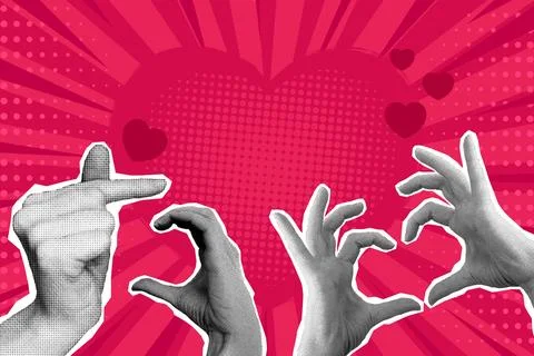 Pop art comic background decorated with hands showing heart gestures Illustrazione stock